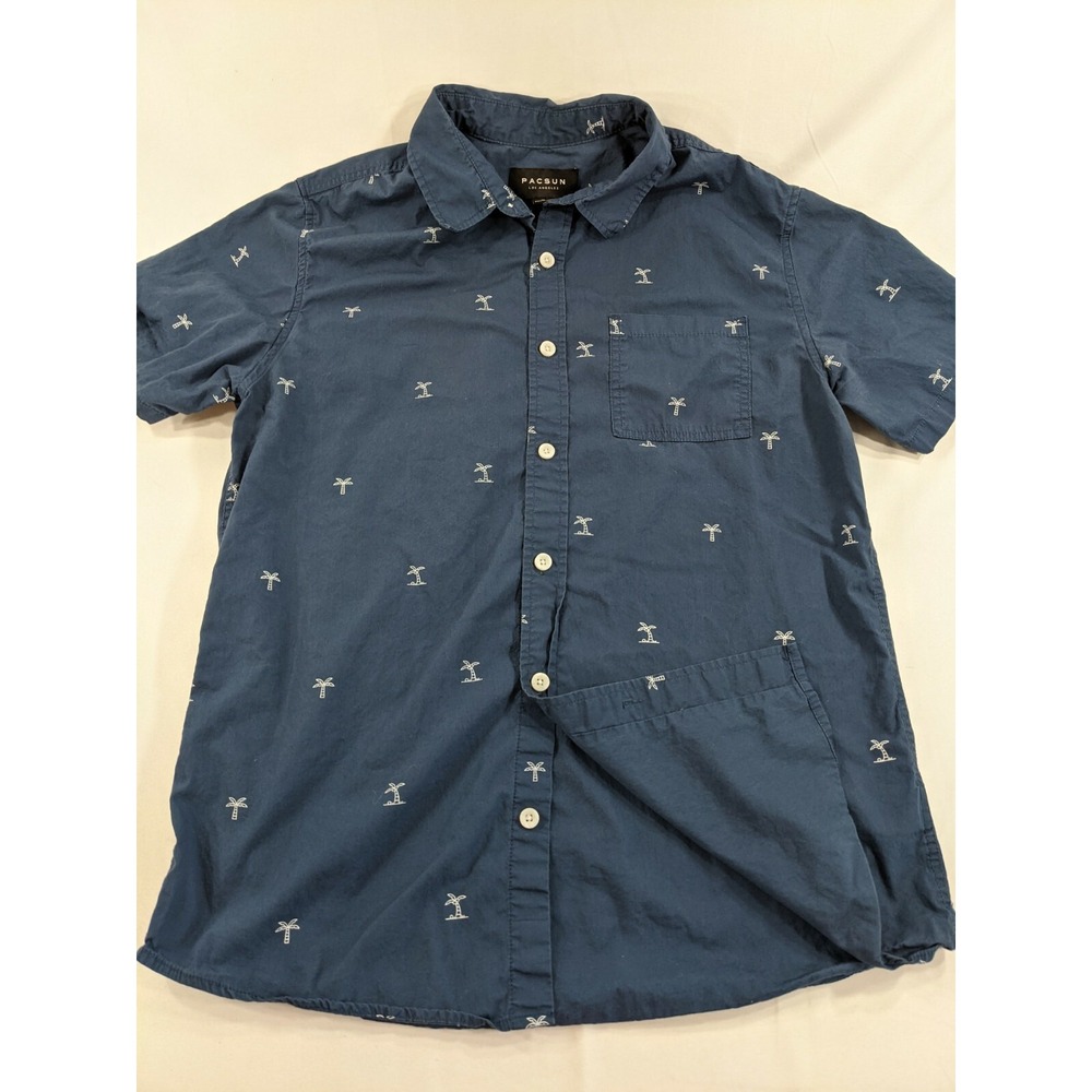 Pacsun Shirt Button Front Mens Size Medium‎ blue Palm Trees Sunday Funday